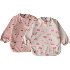 GZMM 2 Pack Waterproof Baby Bibs Long Sleeve with Food Catcher Easy Clean and Washable