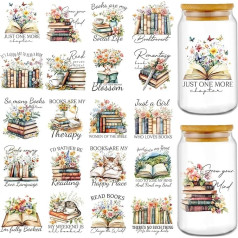 Rngmsi Vintage UV DTF Cup Wrap - 20 Sheets Reading Books UVDTF Stickers for 16oz Glass Cup, Flower Waterproof Buchish Rubb on Transfer Stickers for Water Botter, DIY Craft Book Lovers Gift