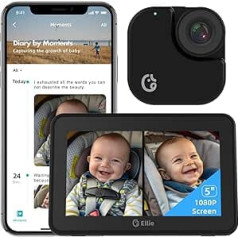 Ellie Baby Pro Baby Monitor for Car, Ellie, 2K UHD Rear Seat Camera with Face Tracking, Dual Screen for 2 Children, Smart Video Capture and App Control