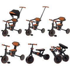 vickey 6-in-1 Children's Tricycle for 1-6 Years, Balance Bike, Tricycle, Walker with Push Bar, Steering System, Bar, Wheel Clutch, Removable Pedals & Height-Adjustable Seat + Sun Canopy, Black