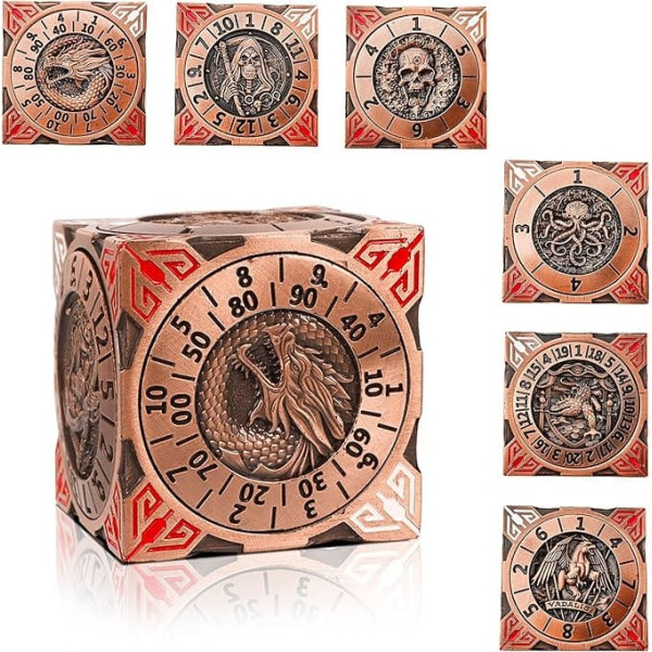 DND Spinner Dice - 7-in-1 Metal Dice Set with 3D Relief Dragon Design | Unique Spinner Design for Dungeons & Dragons RPG Polyhedron Dice Set for D&D and DM Players (Red Copper)
