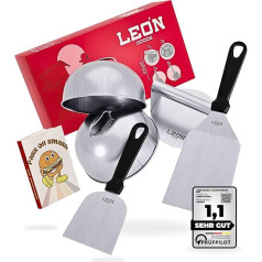 LEÓN Goods® - Smash Burger Set/Burger Set Stainless Steel Gift Set for Gas Grill, Fire Plate, Teppanyaki etc. Includes Burger Spatula Set, Burger Smasher (Burger Press) and Burger Bell (XL - 5 Pieces)