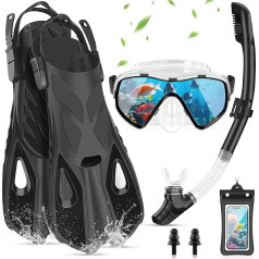 IEEILULU Adult Snorkel Set, 7-Piece Snorkel Equipment with Anti-Fog Diving Goggles, Fins, Dry Snorkel, Waterproof Mobile Phone Case, Ear Plugs and Carry Bag