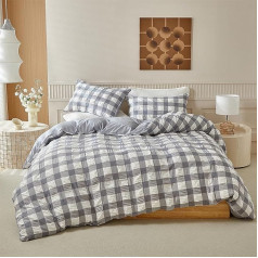 YASMENG Seersucker Bed Linen 220 x 240 cm Grey White Checked Bed Linen Seersucker Modern Bed Linen 3-Piece Soft Breathable Microfibre Duvet Cover Set with Zip and 2 Pillowcases 80 x 80 cm