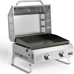 onlyfire Plancha Table Gas Barbecue 2-Burner with Lid, Folding Legs, Ceramic Paint Coating Grill Plate, Grill Surface 45.8 x 36 cm, Compact Table Grill, Portable Balcony, Camping Grill, 4.7 KW