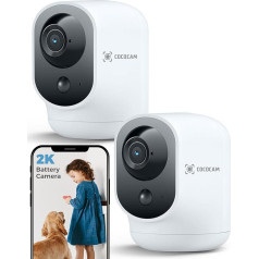 COCOCAM 2 x 2K Indoor WiFi Surveillance Camera with 5200 mAh Battery, Wireless 355 P 90°T, Baby Monitor, Pet Camera, Elderly Care, AI Detection, PIR Person Detection, 2.4G WiFi