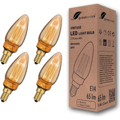 greenandco 4x Dimmable Vintage Design LED Bulb for Mood Lighting E14 C35 Gold 2.3 W 65 lm 1800 K Extra Warm White 320° 230 V Flicker-Free Edison Light Bulb
