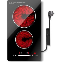 Nardea Glass Ceramic Hob with 2 Burners and Socket, 30 cm Built-in Electric Hob, 3000 W, 9 Power Settings, Sliding Finger Control, Timer, Safety Lock