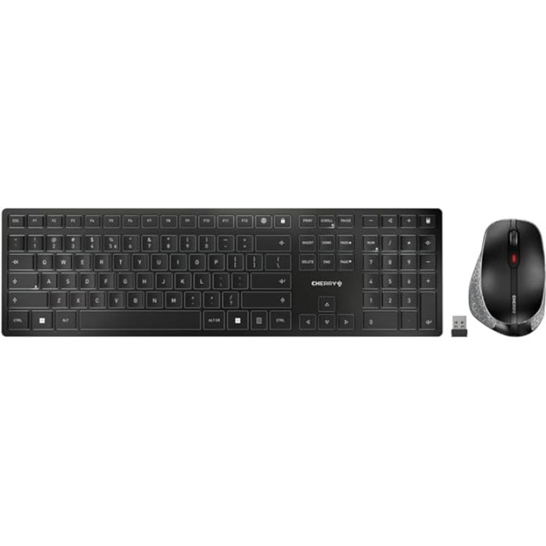 CHERRY DW 9500 SLIM Wireless Keyboard and Mouse Set, EU Layout (QWERTY), Bluetooth or 2.4 GHz Radio, Ergonomic Right-Handed Mouse, Black/Grey