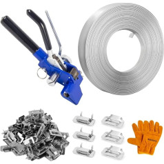 BAUSATZ Packing Buckles Set, Tensioner Tools, Banding Kit, Strapping Buckles, 6.7 x 11.9 ft, Stainless Steel Banding Spool, 100 Pieces Ear Lokt Buckles, Steel Packing Strapping Tool