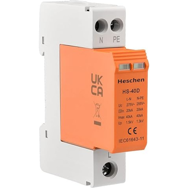 Heschen Surge Protection Device SPD, HS-40D, 275VAC 20KA, 1+NPE, L-Line Down, Fireproof, Low Voltage Arrester, 35 mm DIN Rail Mounting (No Remote Terminal)