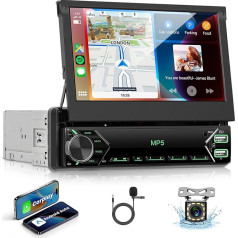 VECHTEL Car Radio 1 DIN with Wired Carplay Android Car, 7 Inch IPS Car Radio Bluetooth with Folding Touch Screen, FM Radio, Mirror Link, USB, SWC, Microphone, Reversing Camera