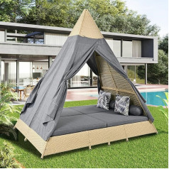 Garden Rattan Tent for 2-4 People, Polyrattan Garden Lounge Set, Includes All Seat Cushions and Cushions, Removable and Washable, Garden Tent for Patio, Balcony, Outdoor (Beige Rattan + Grey Door