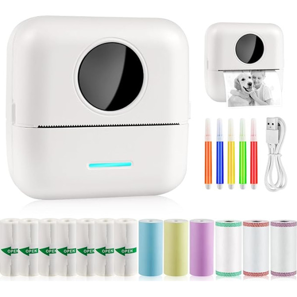 GuKKK Mini Printer, Mobile Photo Printer, Portable, Wireless Thermal Printer, with 13 Rolls of Printer Paper and 5 Colouring Pencils, for Learning Aid, Learning Notes, Journal, Notes, List