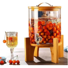 5L Thickened Glass Beverage Dispenser with Solid Wood Base Frame, Leak-Proof Blocking Large Diameter with Cover and Faucet for Juice, Water, Homemade