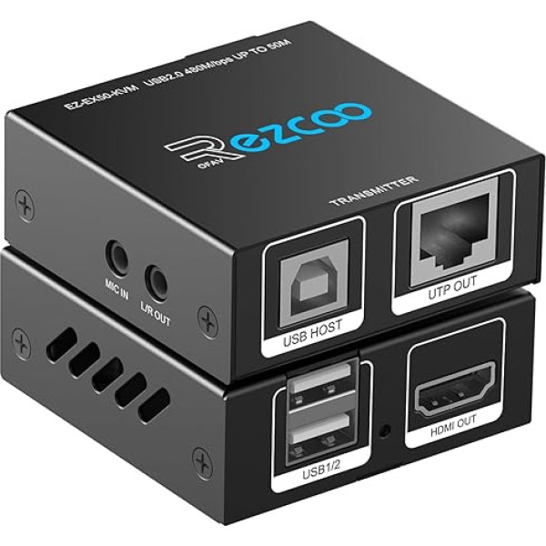 HDMI KVM Extender USB to RJ45 over Cat5e/6/7 1080P@60Hz up to 150ft/50M, HDMI over Ethernet Transmitter Receiver Supports Keyboard Mouse 2 Ports USB 2.0 Hub POE Stereo Audio and Microphone