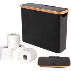 43.5 x 14.5 x 35 cm Toilet Paper Storage Box, Basket, Bathroom Storage, Toilet Paper Storage Box with Lid, Toilet Paper Storage Box with Bamboo Handle, for Bathroom, Kitchen (Black)