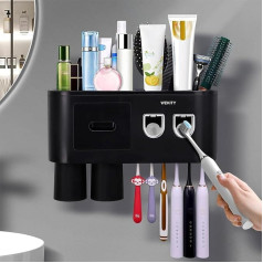Multifunctional Wall Toothbrush Holder, Automatic Toothpaste Dispenser, Space Saving Toothbrush and Toothpaste Holder, with 2 Cups and Drawers, Cosmetic Organiser (Black 2 Dispenser)