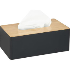 Relaxdays Bamboo Tissue Box with Lid for Bathroom, Modern Design, Plastic, H x W x D: 10 x 26 x 14 cm, Black/Natural