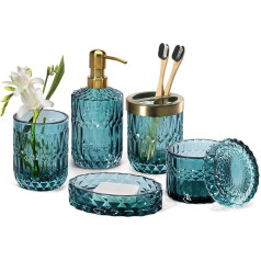 EMPO 6 Piece Clear Glass Bathroom Accessories Set (Lotion Soap Dispenser, Soap Dish, Toothbrush Holder, Tumbler, Cotton Swab Glass) Modern Decoration Crystal Vintage Gift (Ocean Duck)