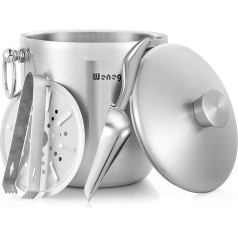 3L Stainless Steel Ice Bucket with Lid, Scoop, Tongs and Strainer - Well Made Insulated Stainless Steel Double Walled Keeps Ice Frozen Longer Ideal for Cocktail Bar, Parties, Chilling Wine, Champagne