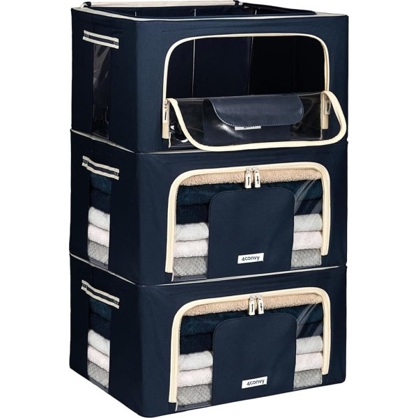 4CONVY Solid Foldable Clothes Storage Box with Zips, Metal Frame (2024 Improved Material), Storage Bag for Duvets, Sturdy Storage Box for Clothes, 3 x 24 L