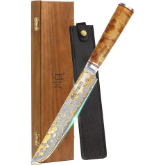 YOUSUNLONG Sakimaru Knife 200 mm - Japanese Sushi Knife - Handmade Copper Damascus Steel Carving Knife - Ultra Sharp Salmon Knife - Naturel Burl Wooden Handle with Leather