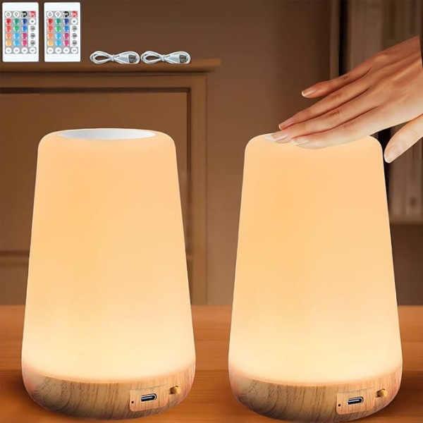 Set of 2 LED Bedside Lamps, USB Rechargeable with Remote Control, LED Bedside Lamp, Touch Dimmable Night Light, Children with 13 Colours, 3 Modes with Timer, for Children's Room, Bedroom, Bedside