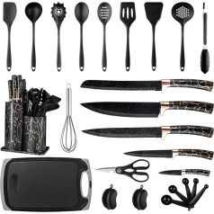 W&H Kitchen Knife Set, 25 Pieces Kitchen Cooking Utensils Set, Silicone Kitchen Utensils with 5 Piece Knife Sets and 1 Scissors, Non-Stick Cooking Set, Kitchen Utensils, Dishwasher Safe - Black