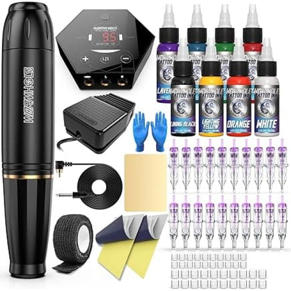 Tattoo Kit, Wormhole Tattoo Pen Kit Cartridge Tattoo Machine Kit for Beginners Rotary Tattoo Machine Pen Kit Tattoo Pen Type Machine Kit Professional Complete Tattoo Kit Tattoo Supplies WTK070