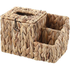 BSTKEY Square Water Hyacinth Tissue Box with Lid, Woven Household Napkin Holder with 2 Multifunction Organiser Side Pockets for Remote Control, Dressing Table, Makeup