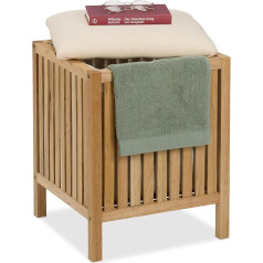 Relaxdays Laundry Basket with Seat, Bathroom Stool with Storage Space, 30 L Laundry Hamper, H x W x D: 51 x 38 x 38 cm, Wood/Fabric, Natural/White