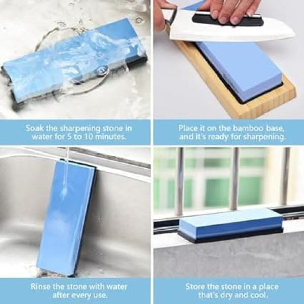 TechBest Whetstone Knife Set – Sharpening Stones Grit 400/1000 3000/8000 Whetstone with Non-Slip Bamboo Base, Flat Stone, Angle Guide and Leather Strips