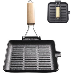LIYGAOF Steak Pan Cast Iron Grill Pan Foldable Wooden Handle: 20 x 20 cm Grill Pan Induction Square Pan for All Hobs Easy to Clean