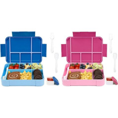 Bugucat Children's Lunch Box with Compartments, 1330 ml, Set of 2, Lunch Box Children's Bento Box, Leak-Proof with 6 Compartments, Cutlery Set, Lunch Box for Girls, Lunch Box for Adults, Blue Pink