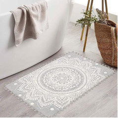 Boho Small Bathroom Rugs 60 x 90 cm, Grey Mandala Soft Doormat with Pom Pom Fringes Throw Rugs Non-Slip Washable Fluffy Rug for Entrance Area Bath Sink Bedroom