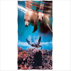 Zomer Bath Towel Microfibre Beach Towel Printed with Turtles and Seals, Blue, Oceans and Animals, 70 x 140 cm