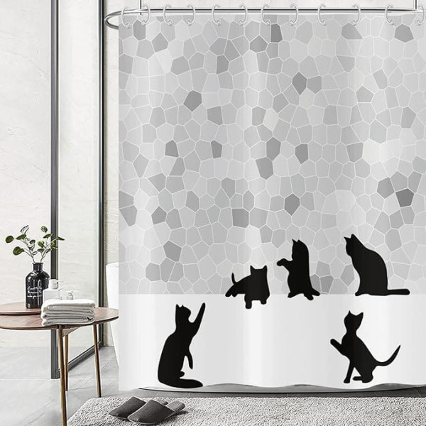 Hnmdmyi Funny Cat Shower Curtain, 180 x 200 cm, Abstract Black Cat Silhouette Shower Curtains, Grey Mosaic Bath Curtain, Waterproof Polyester Fabric, Washable Bath Curtain for Bathroom with Hooks