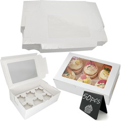 Pack of 50 Cupcake Boxes 6 Holes, Muffin Transport Box, Cake Box with Viewing Window, Cake Box, Cupcake Transport Box with Large Viewing Window, Cake Transport Box, Ideal Cake Box for Delicacies