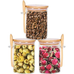 mumisuto Storage Jars with Lid and Spoon, Set of 3, 600 ml Overnight Oats Jars, Glass Containers, Storage Jars with Lid, Airtight Glass, Meal Prep Glasses for Spices, Tea, Nuts, Seeds, Pasta