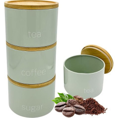 Suprano Set of 3 Airtight Storage Jars for Tea, Coffee, Sugar, Modern Elegant, Height 9.5 cm, Width 13 cm, Stacked Height 28.5 cm