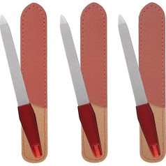 3 Pieces Metal Nail File with Sharp Pointed Tip and Leather Sheath Case for Natural Nails, 5 Inch Fingernail Files Stainless Steel Manicure Double Sided Sapphire Grain Nail File Silver Brown