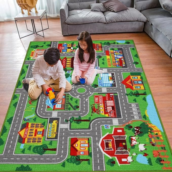 AKUNRUG Car Play Mat for Kids, Car Play Mat City Road Map Kids Play Mat for Playroom, Extra Large Kids Play Mat for Playroom, Bedroom, Living Room (100 x 150 cm)
