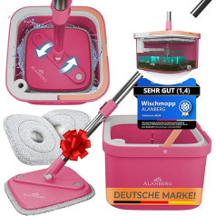 ALANBERG® Mop Set with Bucket - 2 Chamber System for Separating Dirt and Fresh Water - with 160 cm Telescopic Rod, Microfibre Mop Pads - Floor Mop for All Floor Types, Pink