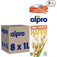 Alpro Oat Drink without Sugar - Oat-Based Milk Alternative - Vegan and Lactose Free - Rich in Fibre, Calcium and Vitamins - 8 x 1 L