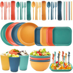 KIMIGO Unbreakable Crockery Set for 4 People, 56-Piece Camping Crockery Set, Plastic Tableware Picnic, Grill Plastic Serving Plates, Bowls, Cutlery Set, Picnic Table Service for BBQ Garden