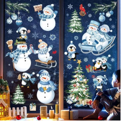 decalmile Christmas Window Sticker Snowman Penguin Blue Window Decals Christmas Tree Snowflake Anti-Collision Window Film Static Sticker Christmas Decoration Window Decoration for Winter