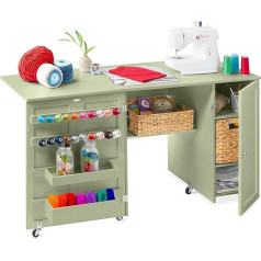 Best Choice Products Large Folding Sewing Table, Multi-Purpose Craft Station and Side Table with Compact Design, Swivel Castors, Shelves, 2 Storage Trays, Magnetic Doors, Light Green