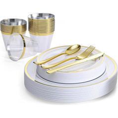 Pack of 150 Reusable Gold Plastic Tableware, 25 Pieces Dinner Plates, 25 Pieces Salad Plates, 25 Pieces Knives, 25 Pieces Forks, 25 Pieces Spoons, 25 Pieces Cups for Wedding Anniversary Party