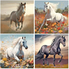DCIDBEI Diamond Painting Pictures Adult Horses 30 x 30 cm 4 Pack Embroidery Pictures Adult Horses Diamond Painting Horses Diamond Painting Horses Black Diamond Painting Jumping Horse Flowers